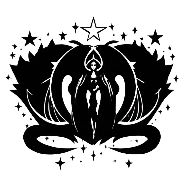 triple goddess symbol surrounded by stars tattoo design idea