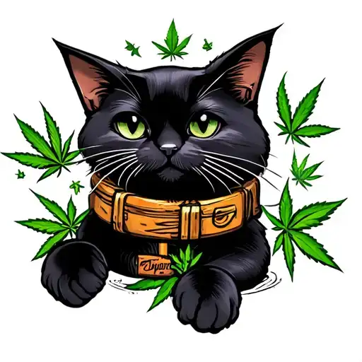 cannabis black cat playing tattoo design idea