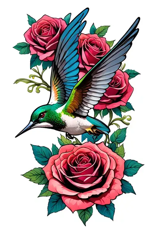 Lion Head humming bird flying 4 roses surrounding tattoo design idea
