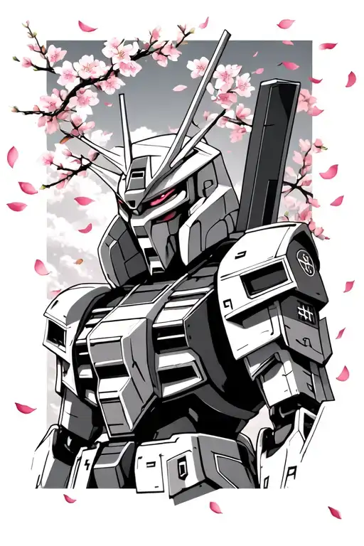 Combine a Gundam mech with a traditional Japanese samurai warrior, surrounded by cherry blossom petals tattoo design idea