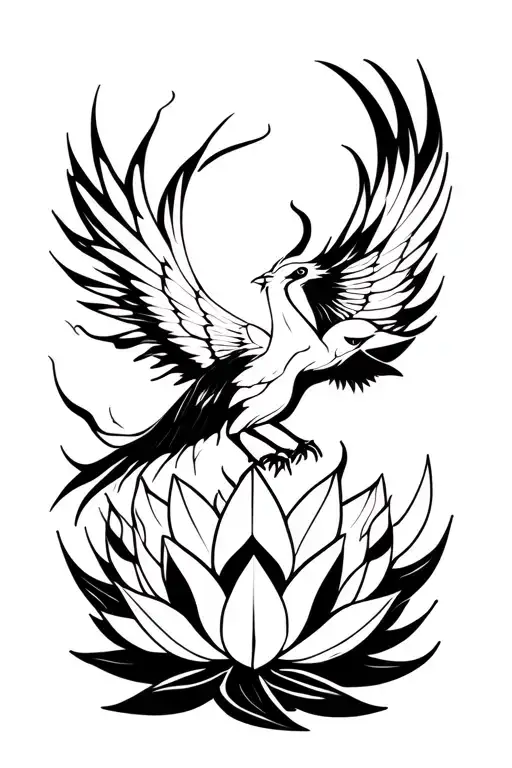 lotus flower and phoenix rising from the ashes strength and resilience geometric black and grey smoke and flames  tattoo design idea