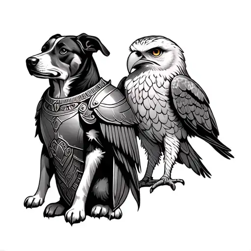a dog, eagle, owl, side by side in Greek armor tattoo design idea