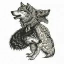two wolves looking at each other. one white the other black tattoo design idea