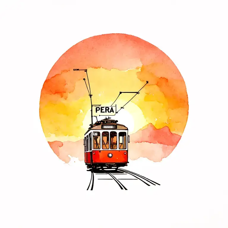cute little empty red tram heading away from the sunset. destination sign up top reads "PERA" tattoo design idea