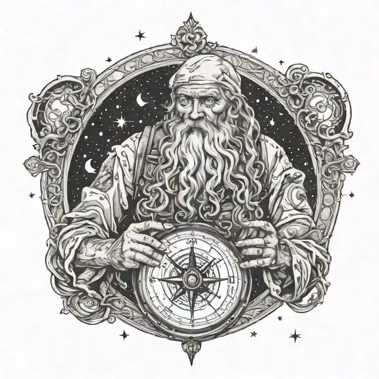 Father Time with tattoos, crying, holding a nautical compass, starry night background  tattoo design idea