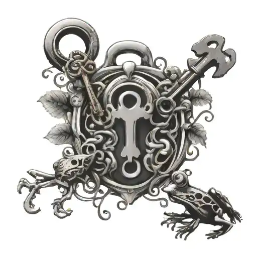 A collection of skeleton keys and locks intertwined with vines and frogs, creating a unique and mysterious design tattoo design idea