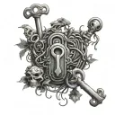A collection of skeleton keys and locks intertwined with vines and frogs, creating a unique and mysterious design tattoo design idea