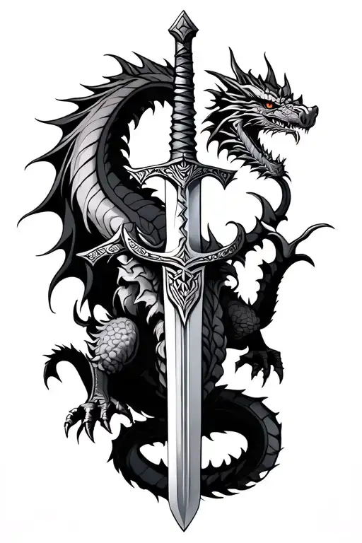 full body norse dragon wrapped around sword tattoo design idea