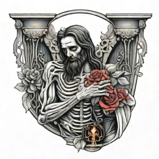 Jesus Christ pouring a bucket of water over kneeling praying skeleton with rose floral background  tattoo design idea