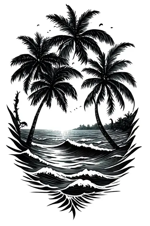 Ocean with waves and palm trees with beach tattoo tattoo design idea