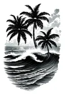 Ocean with waves and palm trees with beach tattoo tattoo design idea