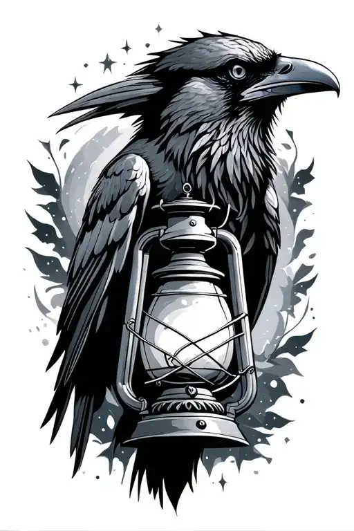 raven with lantern in beak, starry  skybackground tattoo design idea