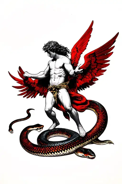 Archangel Michael descends from heaven and strikes a snake in his legs, a tattoo in black and red style tattoo design idea