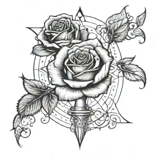 A rose with celestial bodies border. The borders of the hourglass have VII・VIII・MMXXIV tattoo design idea