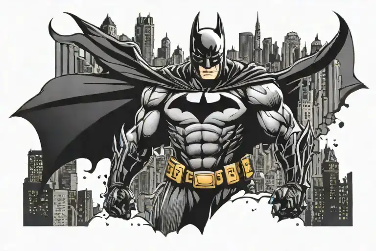 dark knight logo with Gotham skyline. logo should be bold and in the front. skyline should be in the background tattoo design idea