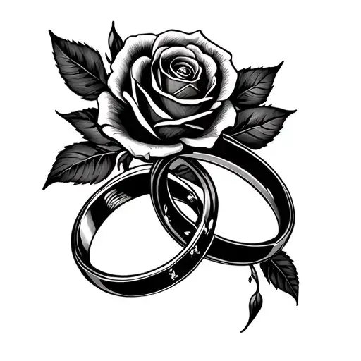 A tattoo design featuring intertwined wedding rings and elegant roses tattoo design idea