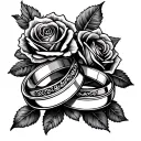 A tattoo design featuring intertwined wedding rings and elegant roses tattoo design idea