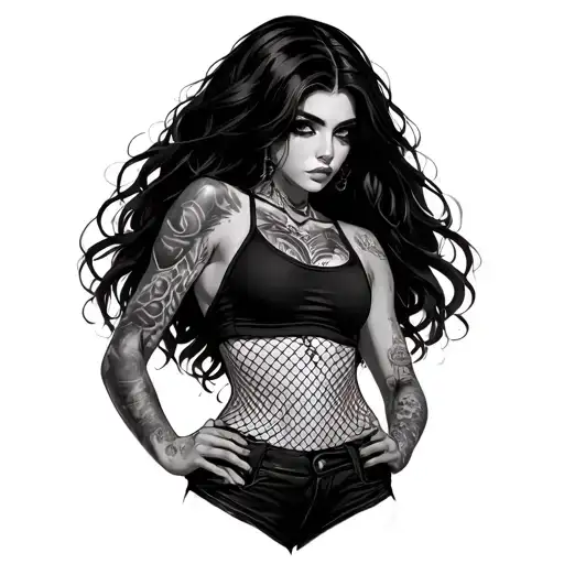 I want you to create tattoo of a girl wearing a crop top and fishnets, long black hair and tattoos, she is wearing a scr tattoo design idea