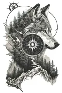 dense pineforest mountain landscape  wolf compass  tattoo design idea