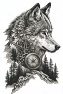 dense pineforest mountain landscape  wolf compass  tattoo design idea