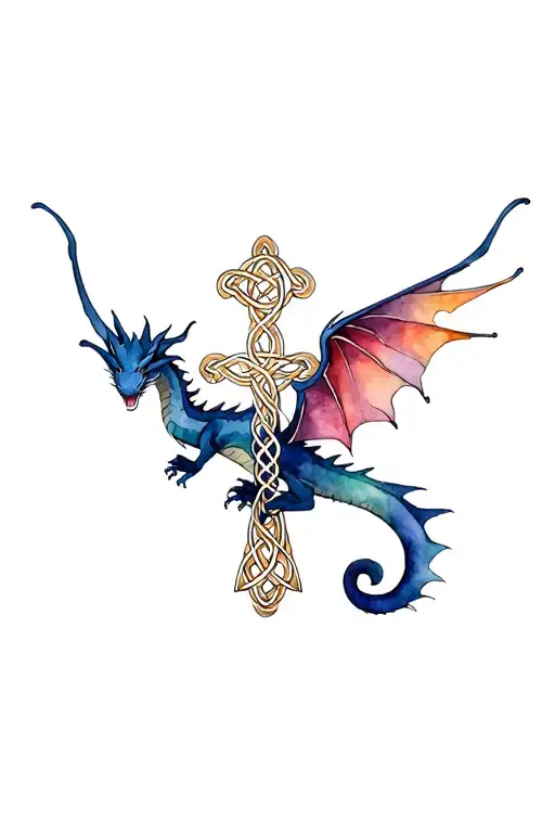 small flying dragon intertwined with Celtic cross tattoo design idea