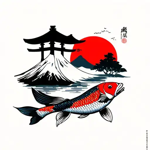 I want a rectangle that is not too thin, a Japanese torii gate, Mount Fuji, a katana, a red sun, and a koi carp. tattoo design idea