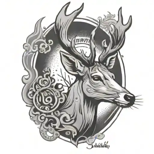 deer with word " SUNIDHI " written tattoo design idea