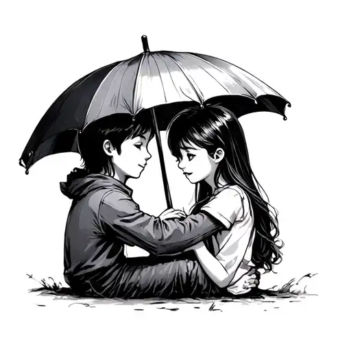 A drawing of a girl and a boy hugging each other under an umbrella and looking at each other. tattoo design idea