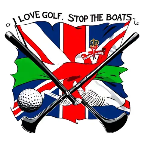"I love golf. Stop the boats" St George's flag with two golf clubs crossing the centre.  tattoo design idea