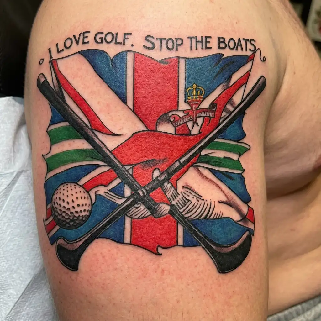 "I love golf. Stop the boats" St George's flag with two golf clubs crossing the centre.  tattoo design idea