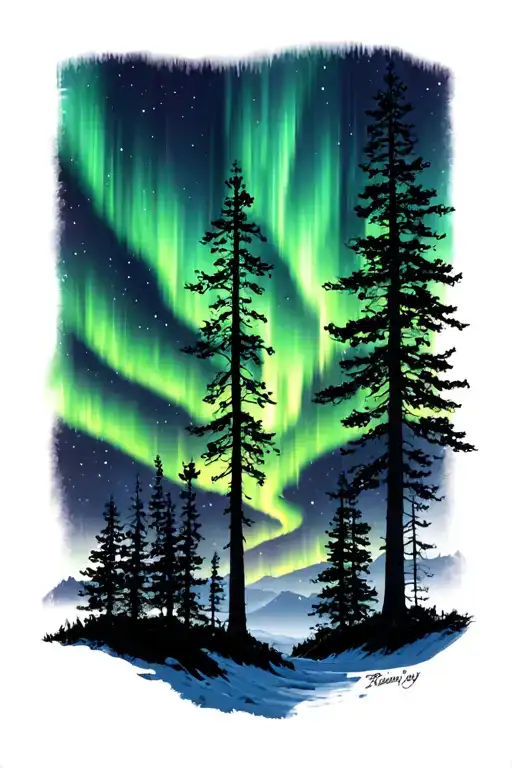 aurora borealis with trees and noise silhouette tattoo design idea
