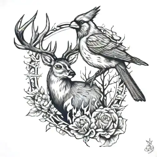 CARDINAL AND DEER WITH FIRE tattoo design idea