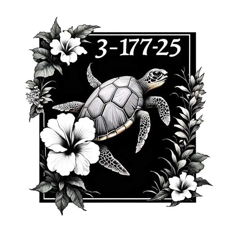 hibiscus blooming with sea turtle swimming with a death date of 3•17•25 tattoo design idea