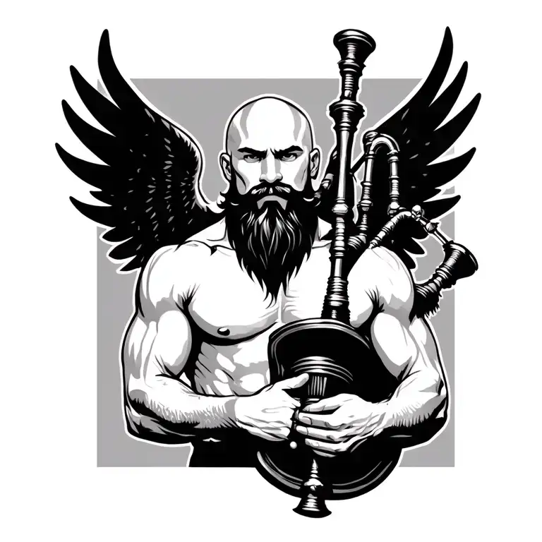 handsome scottish bagpiper bald black beard  muscular wearing pipes in arm big black wings shirtless tattoo tattoo design idea