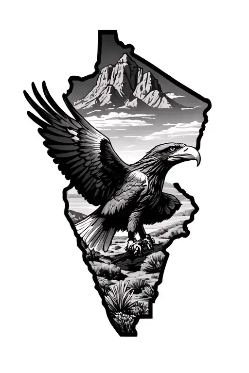Superstition Mountain landscape with flying eagle in the Arizona State shape  tattoo design idea