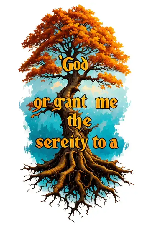 "God grant me the serenity to a" autumn coloured rooted tree tattoo design idea