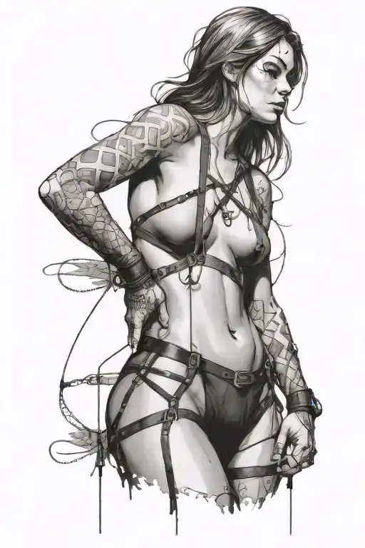 sexy woman in bondage underwear standing facing left tattoo design idea