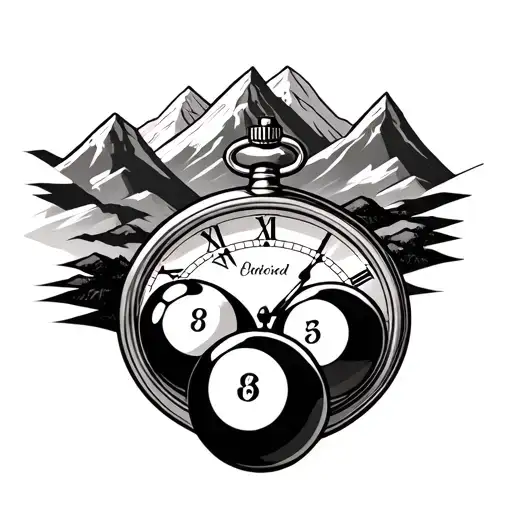 mountains and pocket watch and pool balls incorporated tattoo design idea