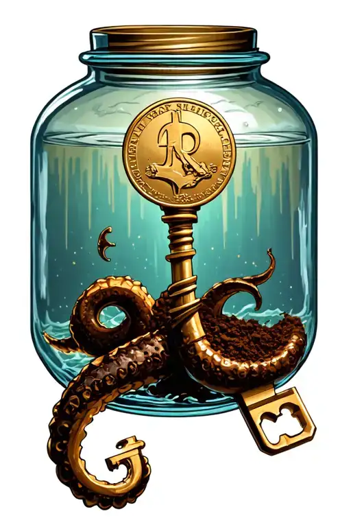 the black pearl, cursed gold coin, davy jones tentacle holding key, jar of dirt tattoo design idea