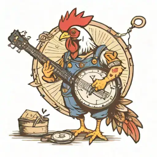 Chicken playing the banjo wearing overalls with a pocket watch tattoo design idea