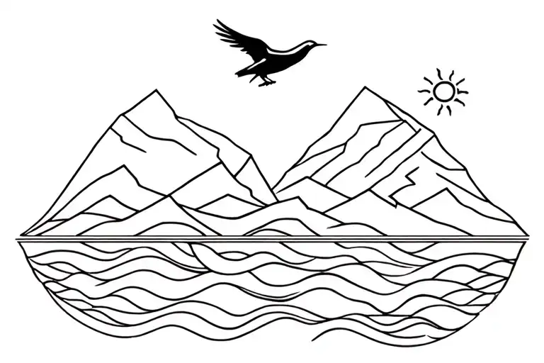 four elements intertwined with bird for air, mountain for earth, sun for fire, and a wave for water and make it Nordic tattoo design idea