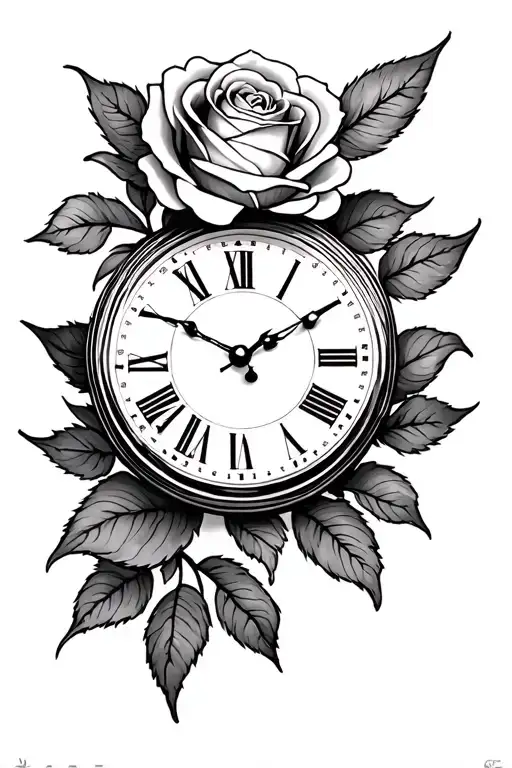 clock and rose tattoo design idea