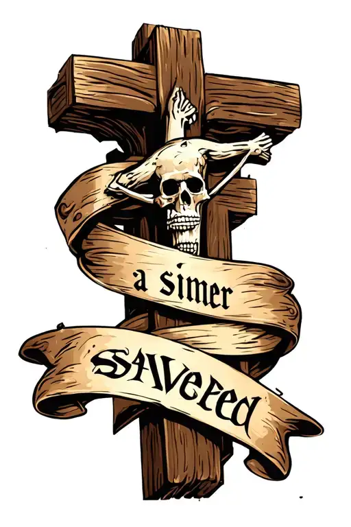 A wooden cross with a banner wrapped around that says "a sinner" "saved" tattoo design idea