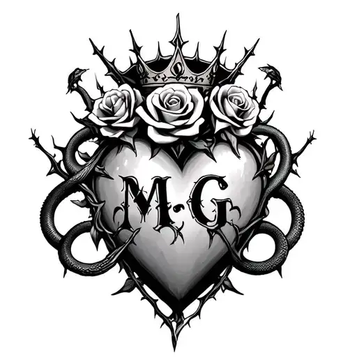"M G" Gothic-style heart entangled with thorns, topped with a crown, four roses, and two angry snakes with Gothic-style letter tattoo design idea