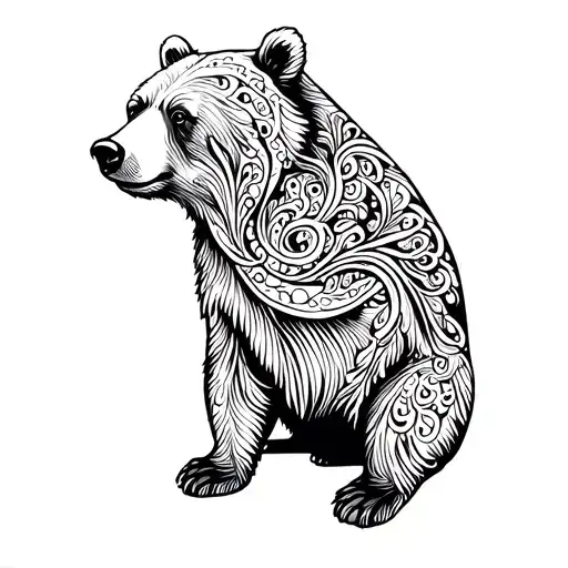 bear from side outline interwined with paisleys minimalistic, draw with more white space and less lines inside the bear. tattoo design idea