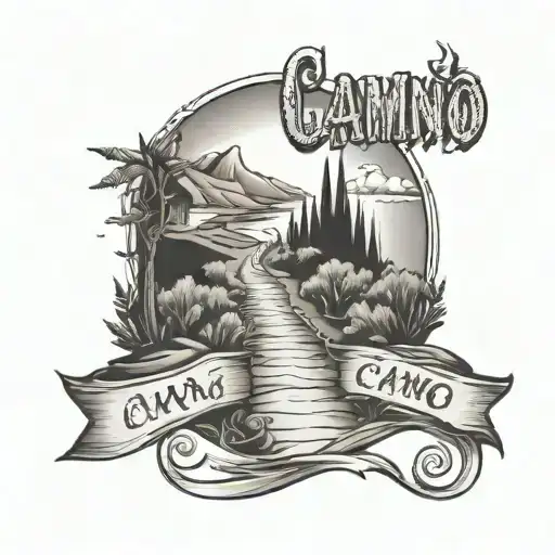 mi camino written on a beaten path leading to water tattoo design idea
