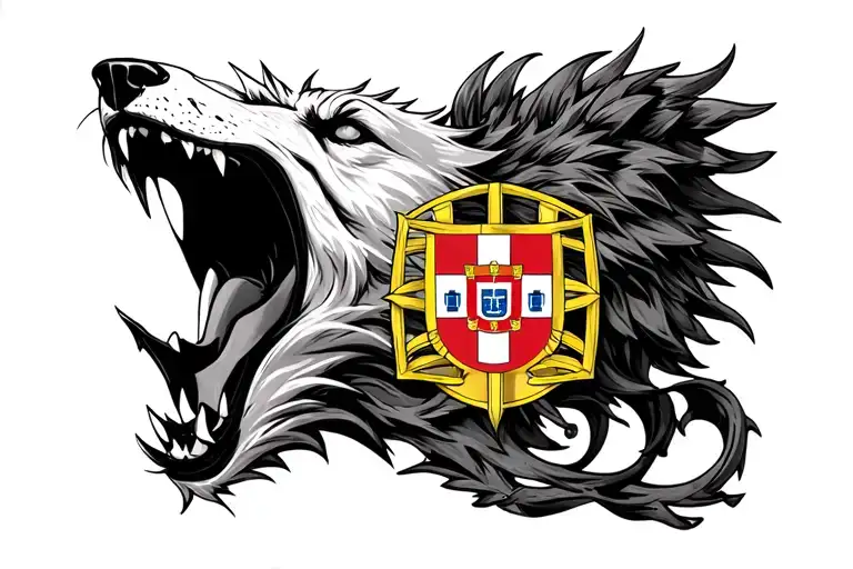 Fusion between a very nasty wolf open mouth and the coat of arms of Portugal, fusion of the image tattoo design idea