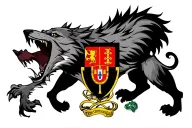 Fusion between a very nasty wolf open mouth and the coat of arms of Portugal, fusion of the image tattoo design idea
