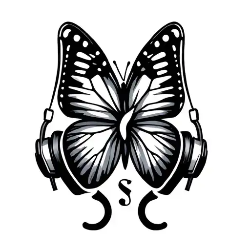 Black and white stencil tattoo design: a butterfly with a semicolon as its body, surrounded by headphones. Simple,  tattoo design idea