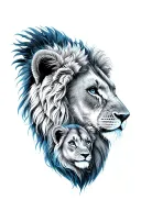 king male lion head, beautiful proud female queen lion head looking into eachothers eyes, 1 female cub head .blue butter tattoo design idea